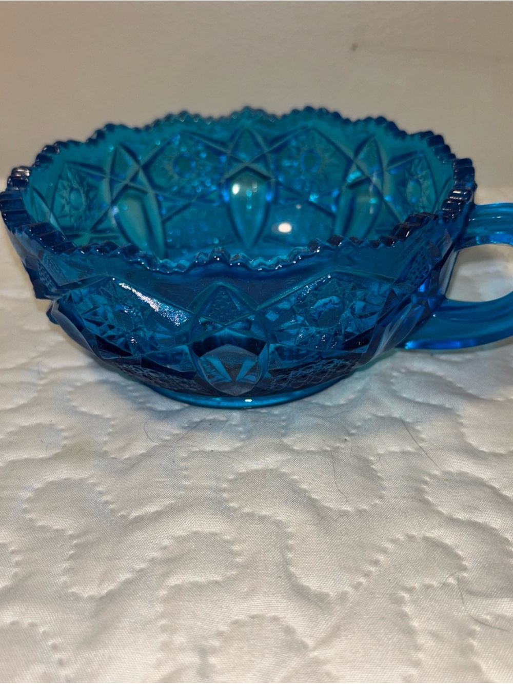 Blue Pressed Glass Creamer Dish with Handle